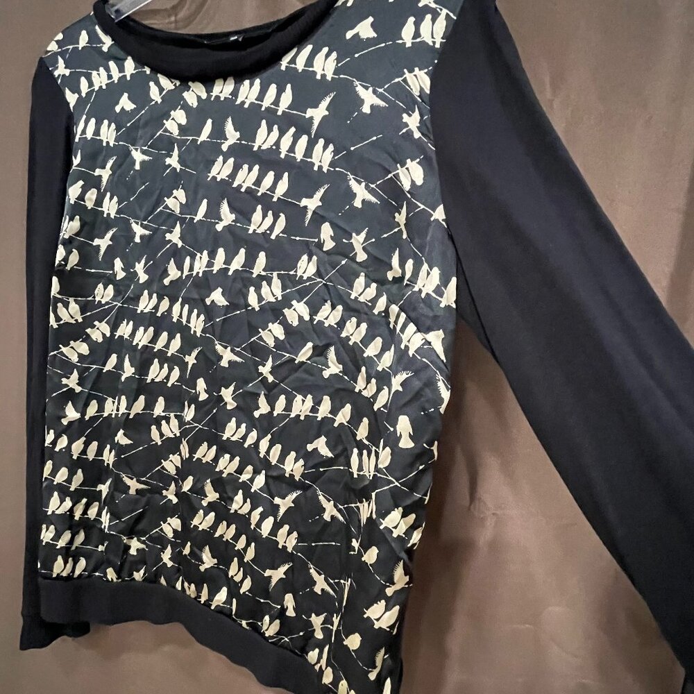 Women's LARGE Sweet Rain Black & White Bird Design Long Sleeve Blouse